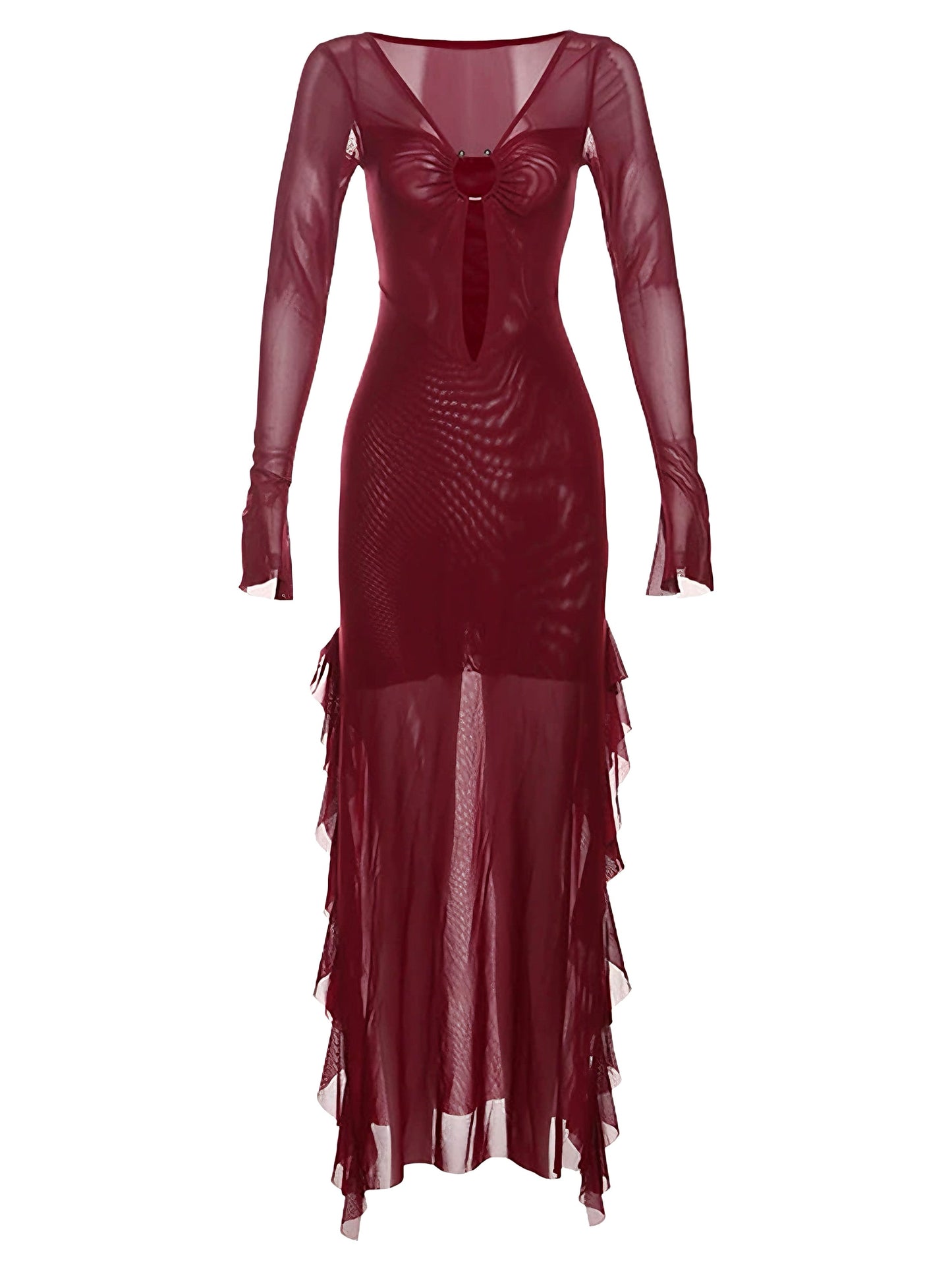Wine Red 1970s Sheer Mesh Ruffle Maxi Dress
