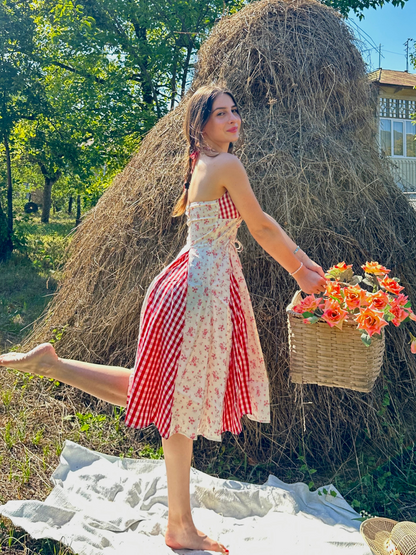 Red 1950s Countryside Floral Plaid Halter Dress