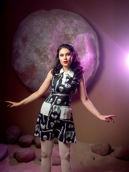 Black 1960s Halloween Skeleton Lapel Mod Dress