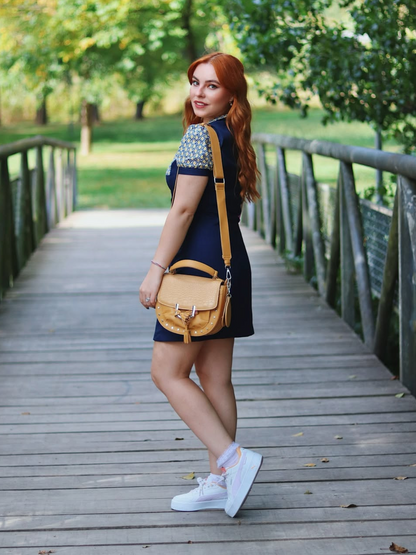 Blue 1960s Peter Pan Collar Diamond-Print Dress